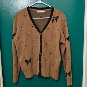 Nancy Yang Brown and Black Bow Print Cardigan